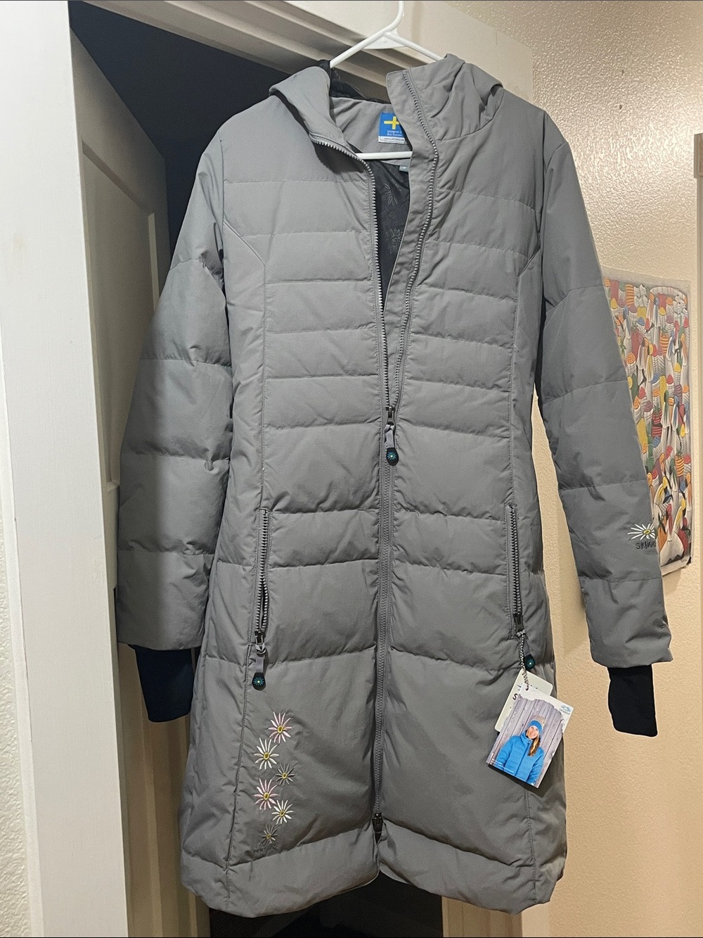 Skhoop Hooded Gray Dowb Long Puffer Coat-small, brand new